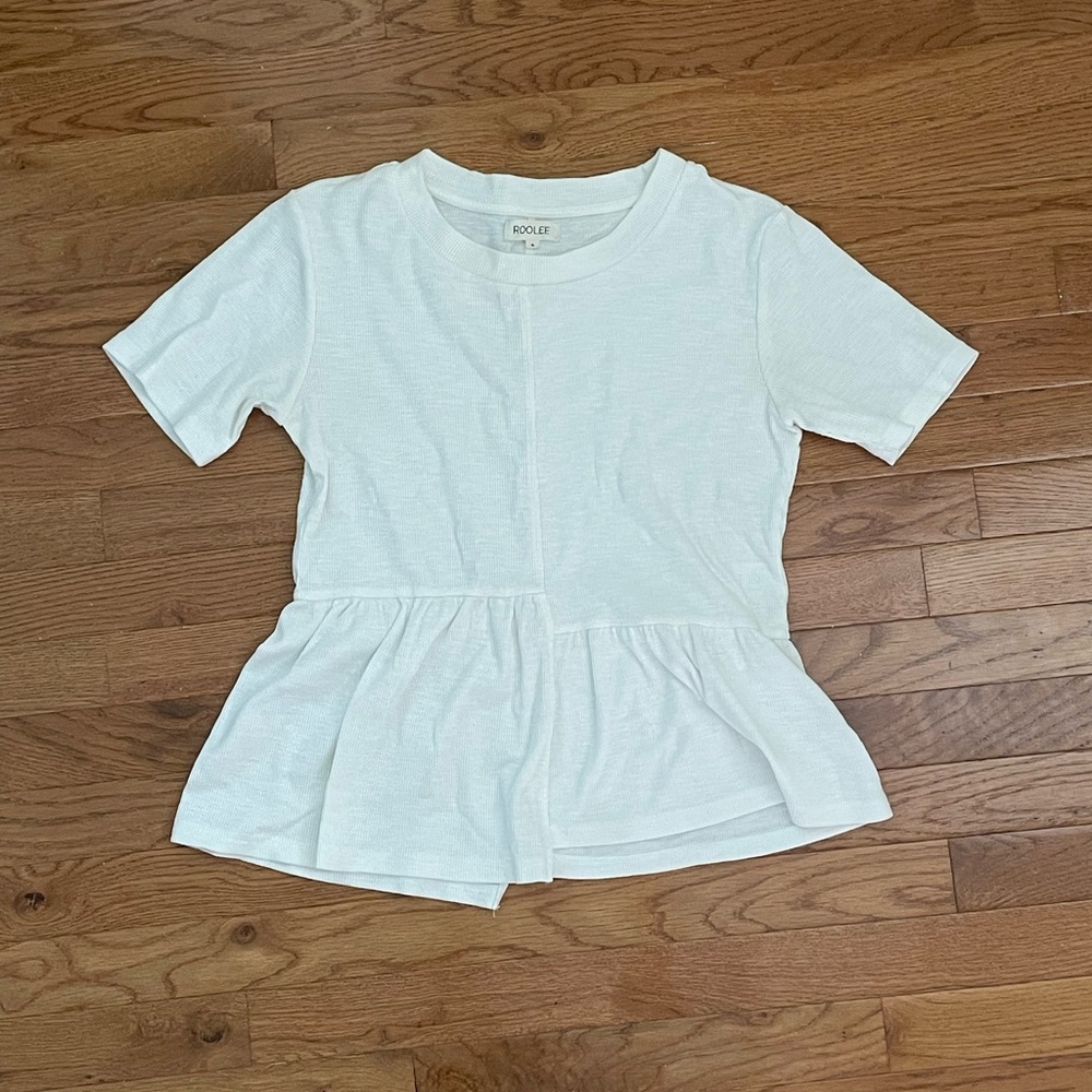 ROOLEE White Ribbed Asymmetrical Peplum T-Shirt